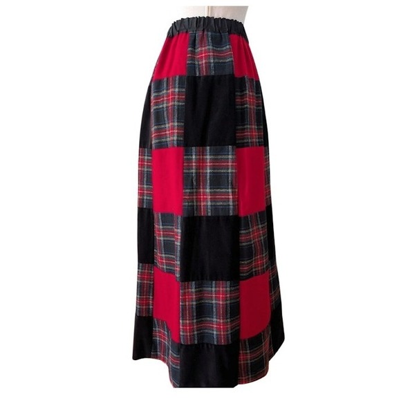 Vintage Talbots Red and Black Patchwork Plaid Wool Velvet Maxi Skirt Size Small - Picture 5 of 8